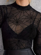 Spider Web Print Mesh Long Sleeve Blouse